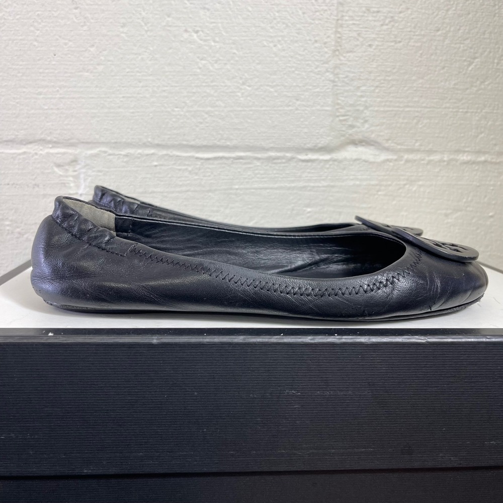 Tory Burch Minnie Travel Ballet Flats Black Leather Logo Slip On Women's 7.5 M